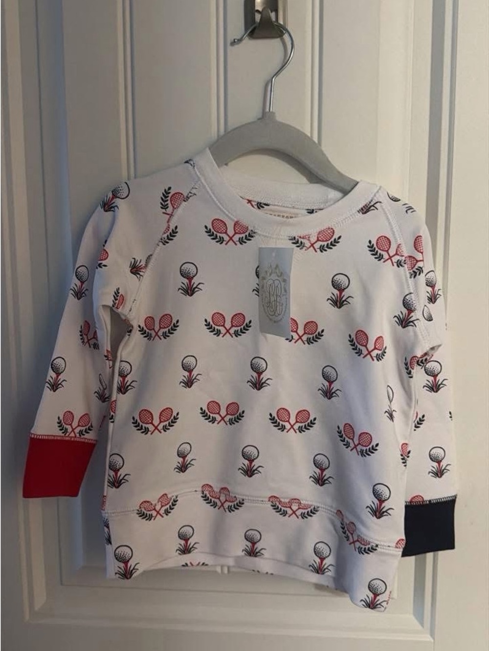 The Beaufort Bonnet Company White Kids Sweatshirt with Red & Black Tennis Motif